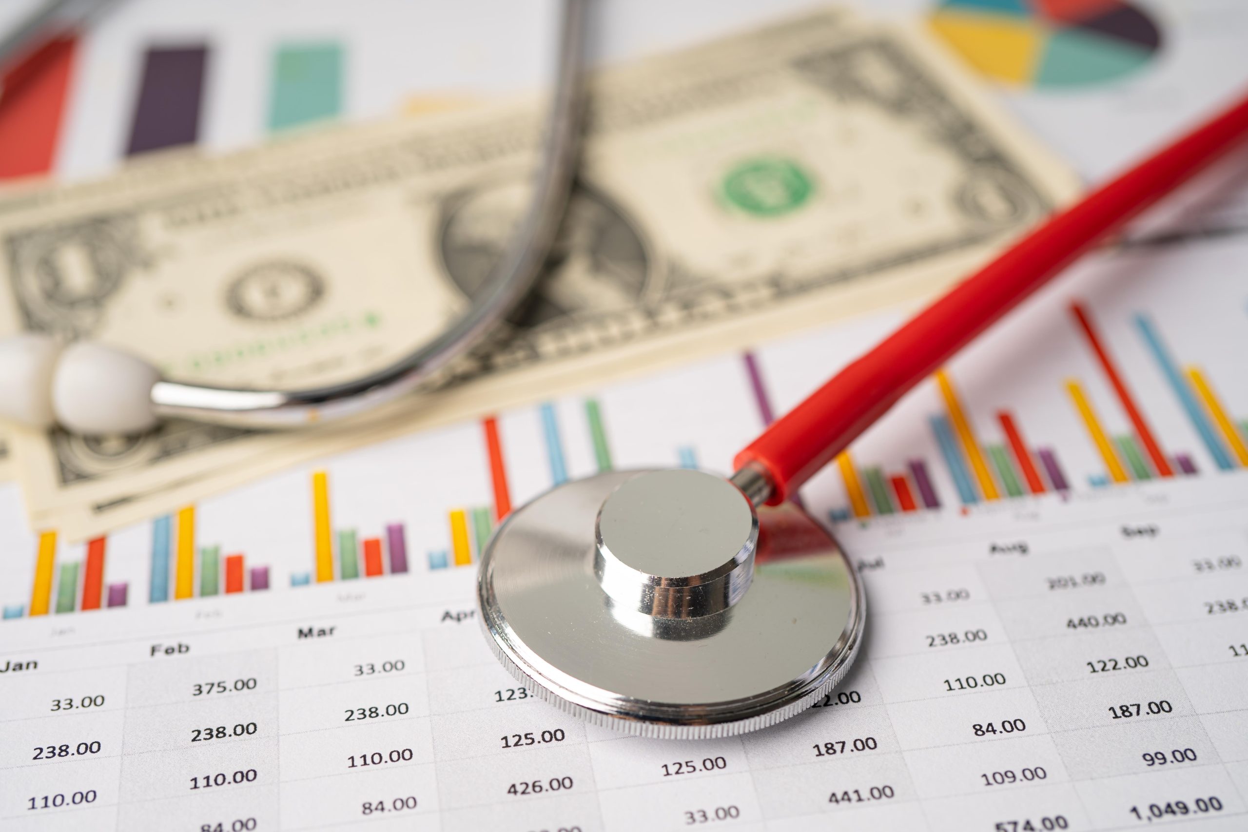 stethoscope on top of a dollar bill and hospital bills