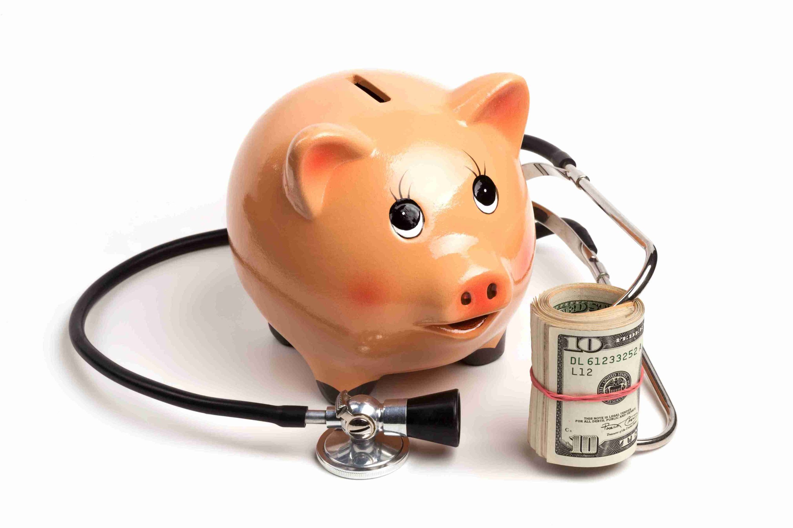 picture of a piggy bank with endoscope and dollar bills