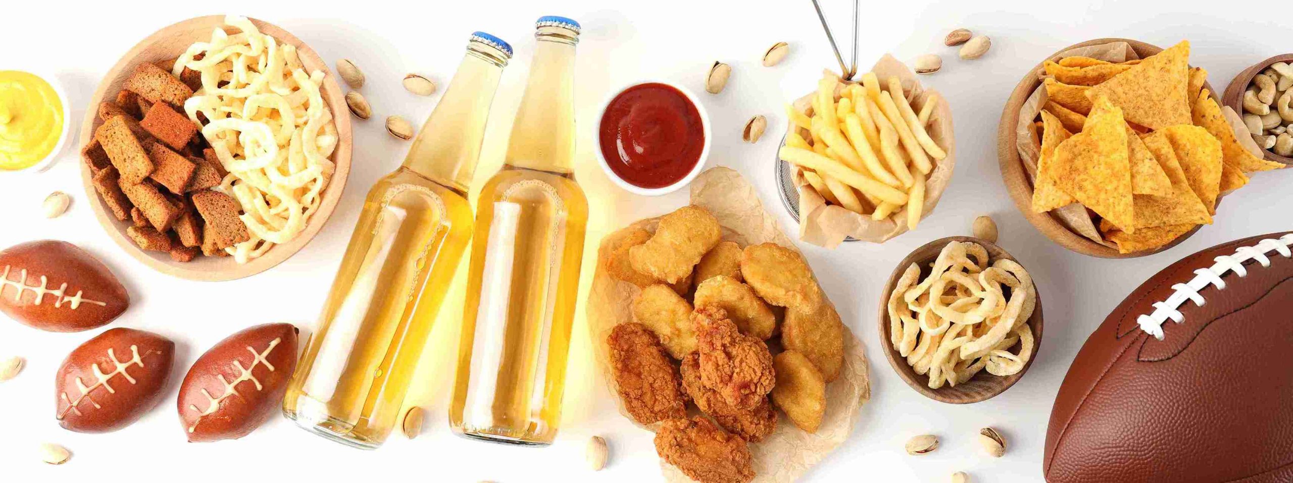 Picture of greasy food and alcoholic drinks.