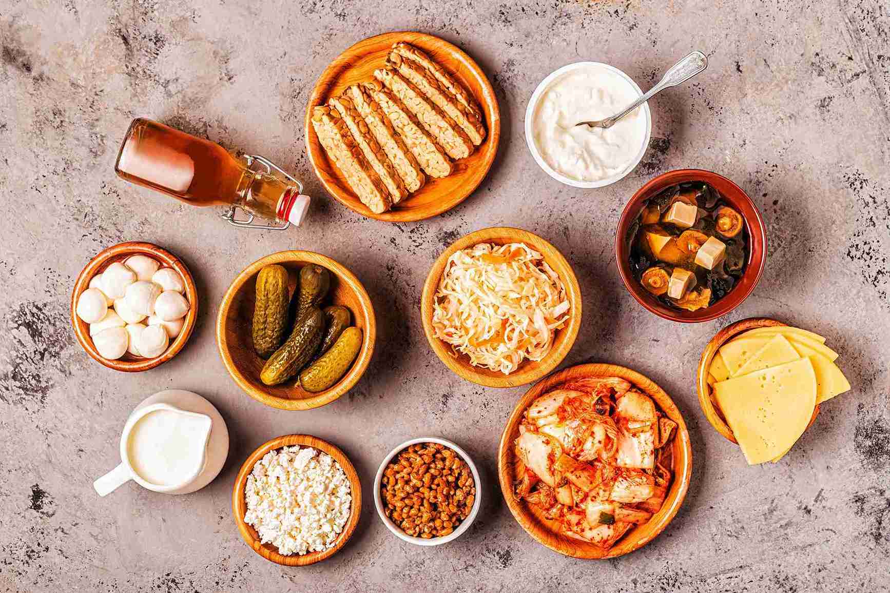 Picture of fermented and probiotic foods on the table.